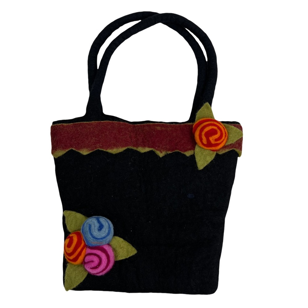 Rising Tide Felted Wool Purse Shoulder Bag Black Floral Nepal Boho Hippie